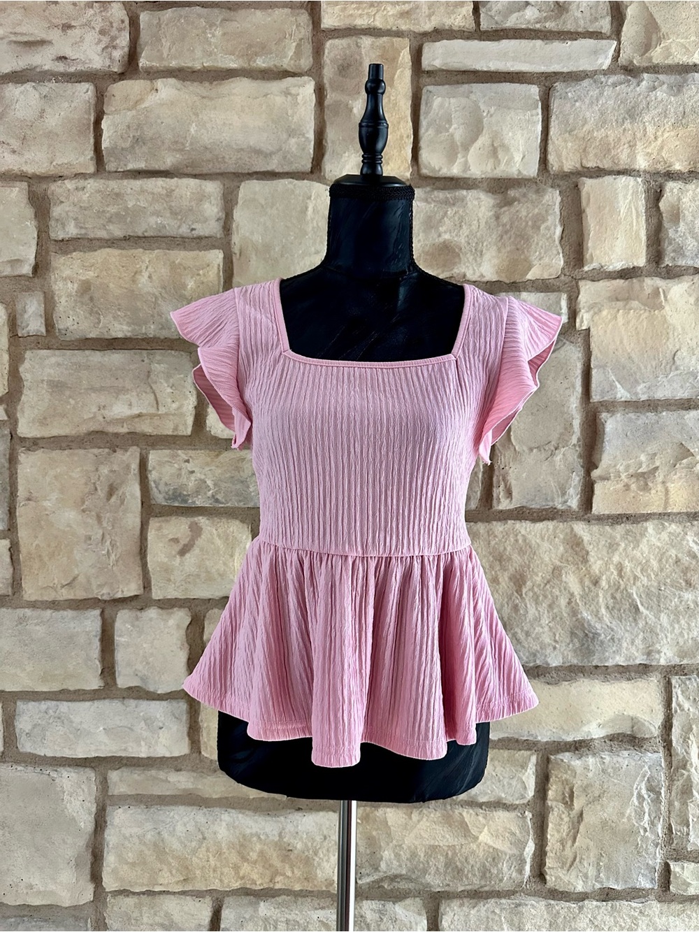SHEIN Pink Ruffle Sleeve Peplum Tunic
